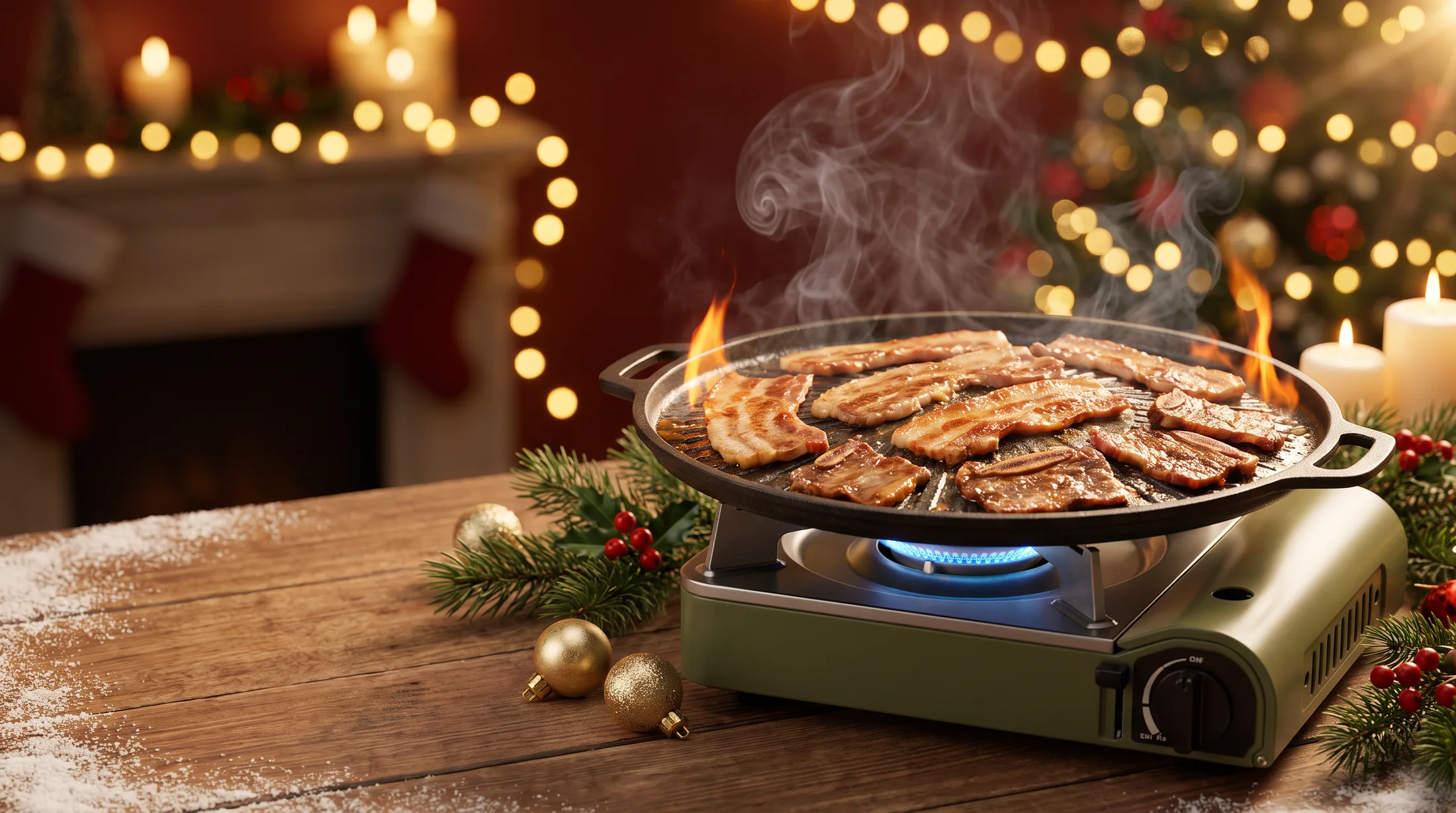 Christmas-themed samgyupsal grill sizzling on a portable stove, decorated with pine, string lights and ornaments