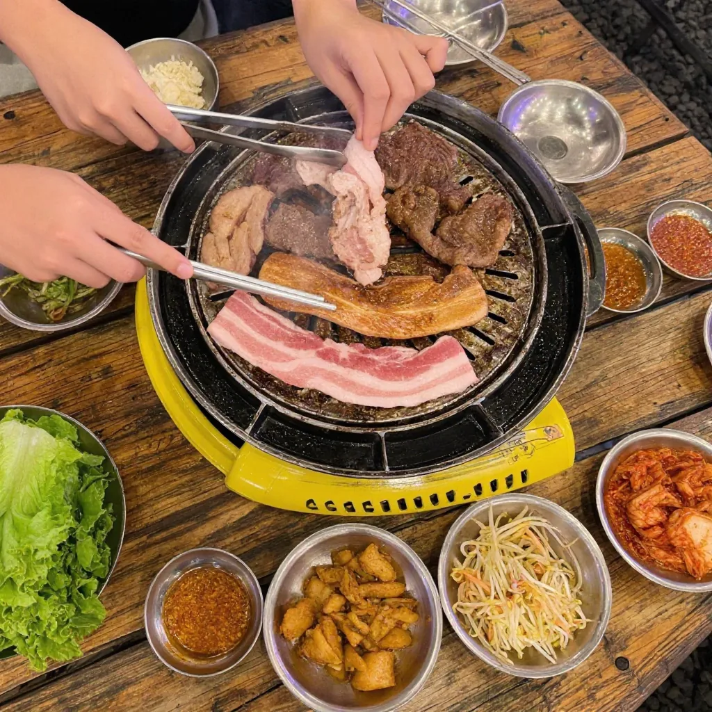 Overhead view of hands grilling meat on a portable SharEat tabletop grill, surrounded by side dishes