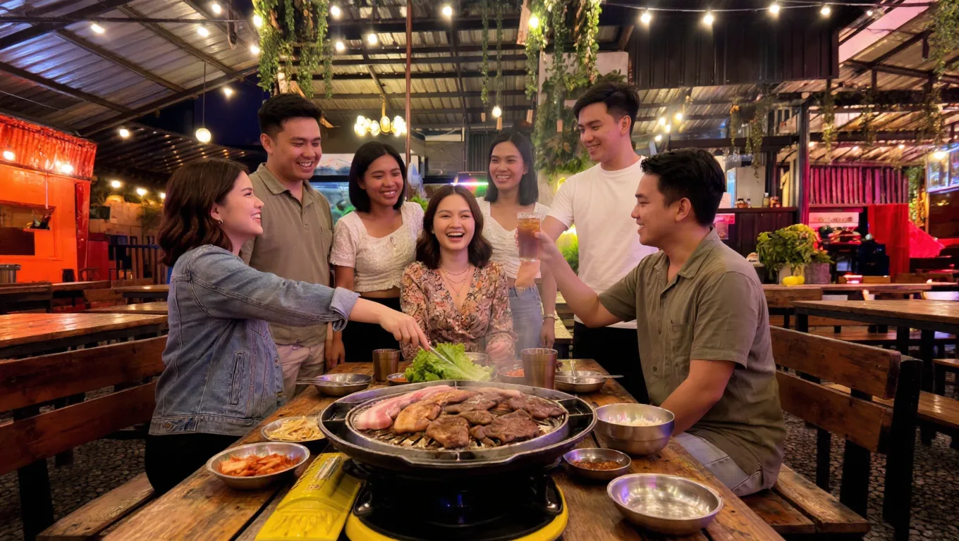 Friends laughing and toasting drinks around a sizzling samgyupsal grill at a SharEat table