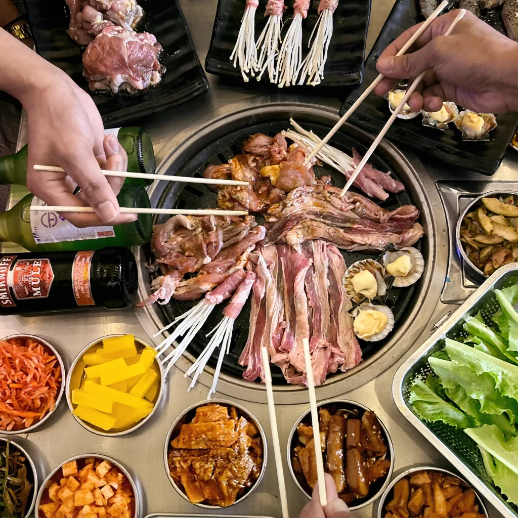 Overhead view of raw meats, lettuce, and side dishes laid out around a SharEat grill, ready to cook