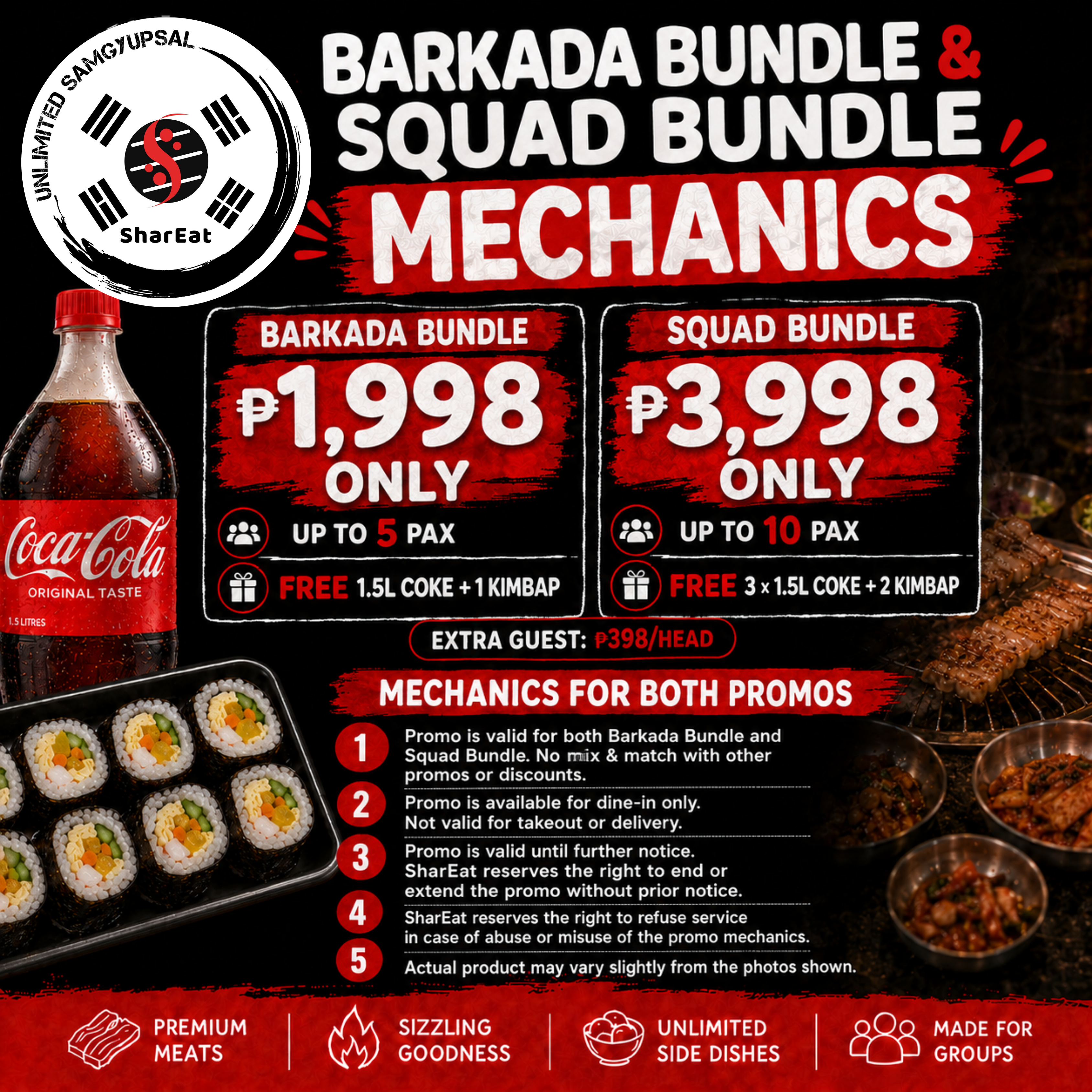 Barkada Bundle and Squad Bundle promo mechanics — dine-in only, cannot be combined with other promos, actual product may vary slightly from photos.