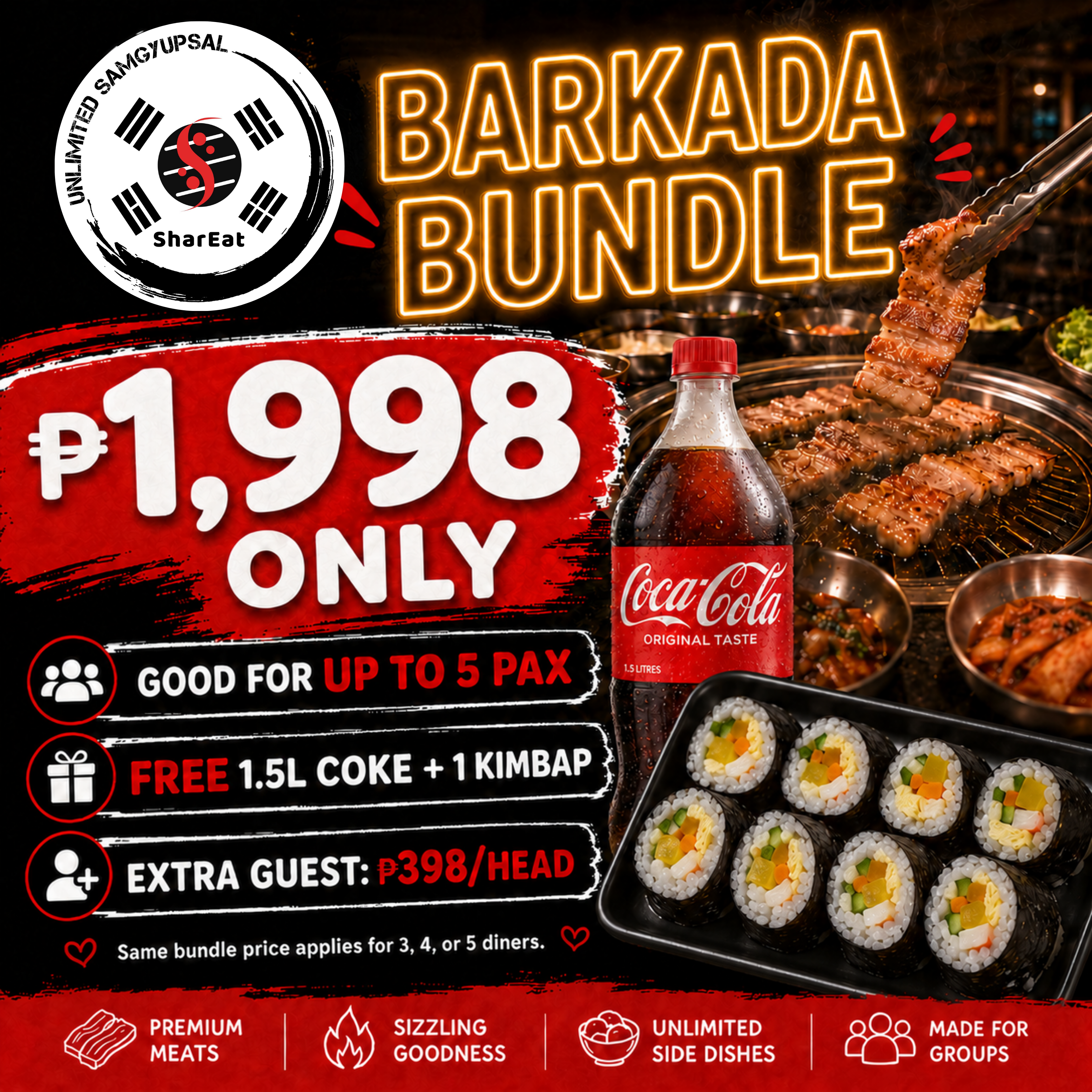 SharEat Barkada Bundle — ₱1,998, good for up to 5 pax, FREE 1.5L Coke + 1 Kimbap.