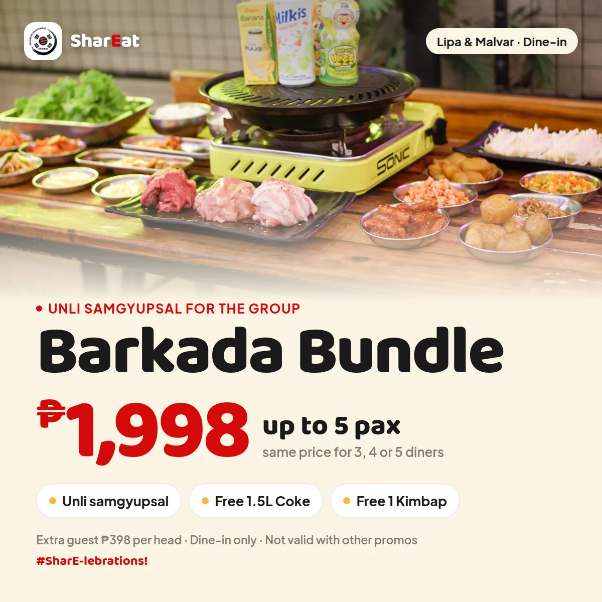 SharEat Barkada Bundle — ₱1,998, up to 5 pax, free 1.5L Coke and 1 Kimbap.