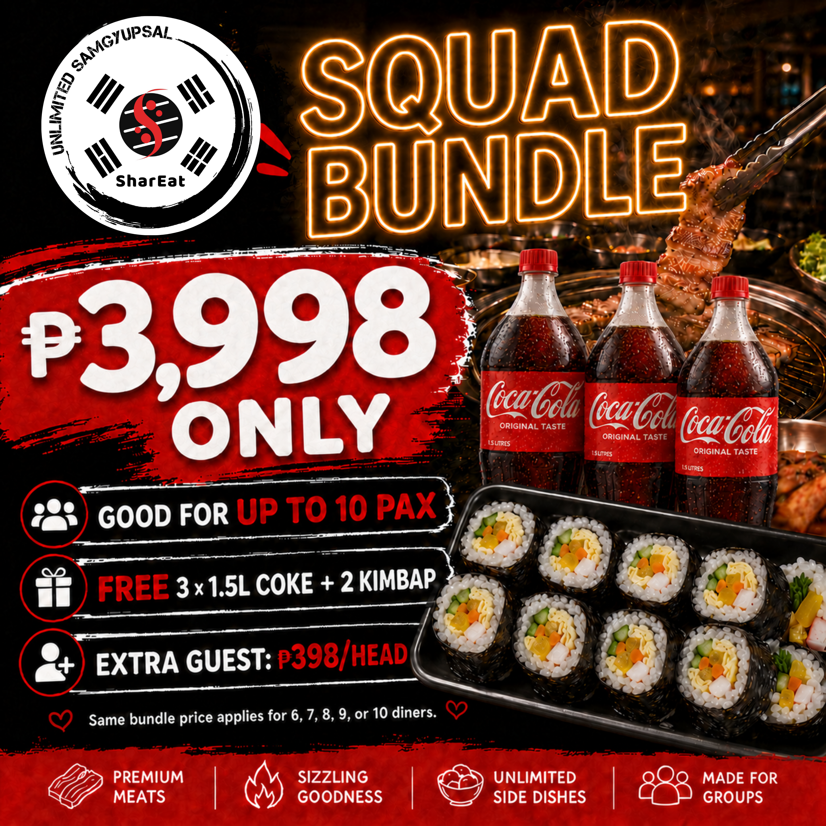 SharEat Squad Bundle — ₱3,998, good for up to 10 pax, FREE 3 × 1.5L Coke + 2 Kimbap, extra guest ₱398 per head.