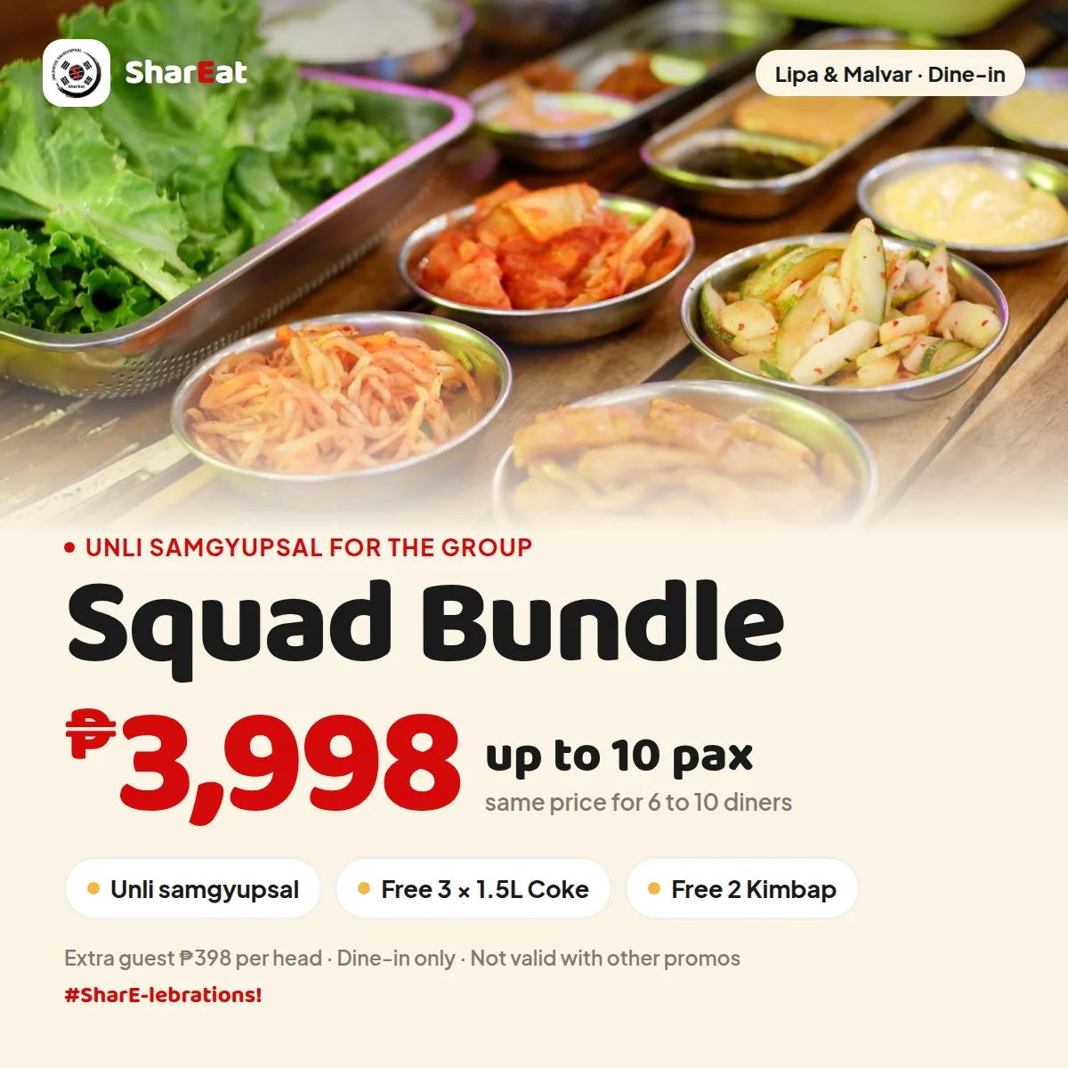 SharEat Squad Bundle — unli samgyupsal for up to 10 pax with free Coke and Kimbap.